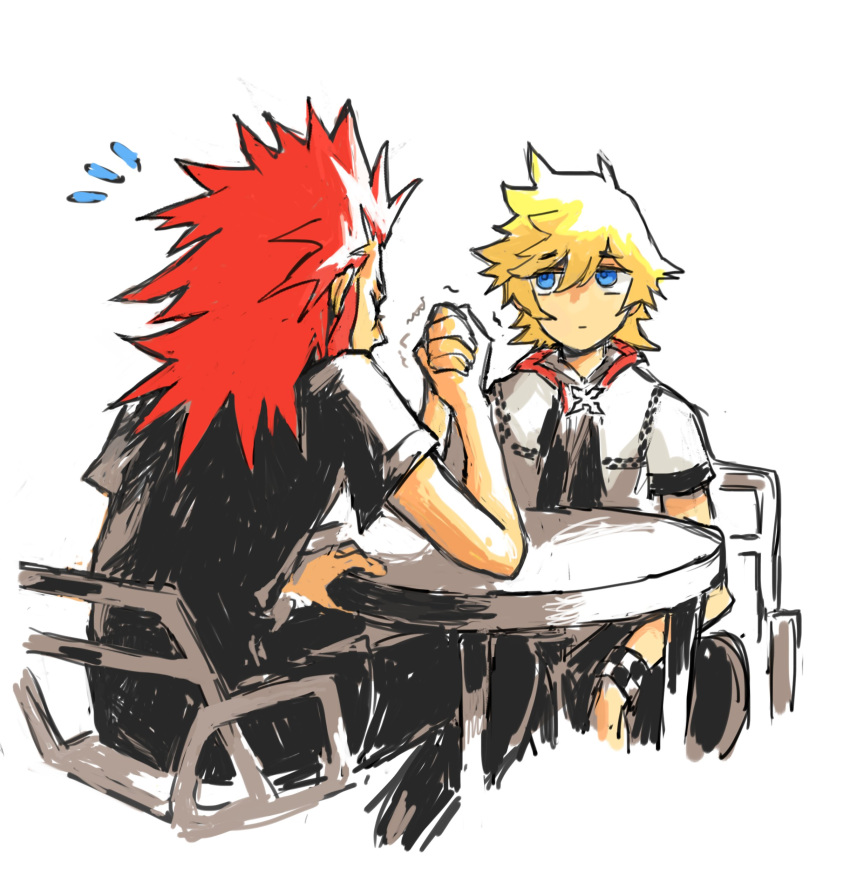 2boys absurdres arm_wrestling axel_(kingdom_hearts) black_jacket black_pants blonde_hair blue_eyes closed_eyes commentary elbow_rest english_commentary facing_away flying_sweatdrops furrowed_brow hand_on_table high_collar highres jacket kingdom_hearts kingdom_hearts_iii long_hair looking_at_another male_focus multiple_boys on_chair pants redhead roxas short_hair short_sleeves sitting snoozaga spiky_hair table upper_body white_background white_jacket wristband