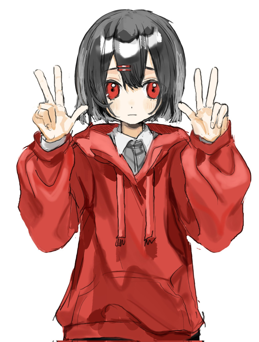 1984_(artist) 1girl black_hair blush closed_mouth double_w hair_ornament hairclip hands_up highres hood hoodie long_sleeves looking_at_viewer original red_eyes red_hoodie short_hair simple_background solo upper_body w white_background