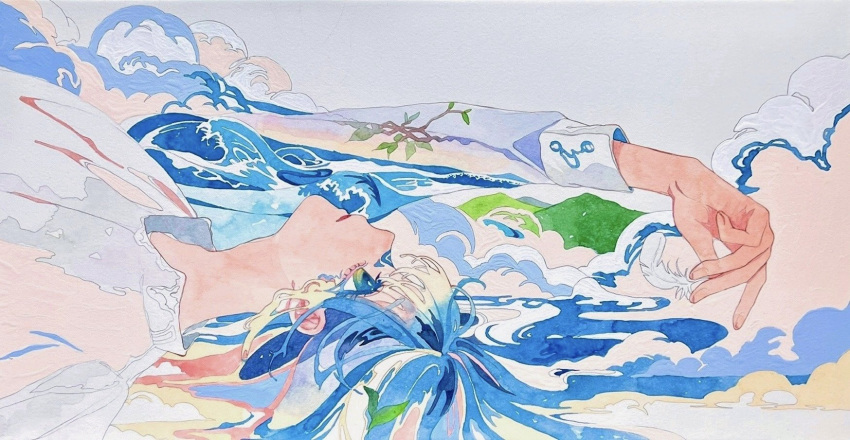 1girl arm_up blue_eyes blue_hair branch closed_mouth clouds grey_background highres leaf long_hair looking_up lying ocean on_back original painting_(medium) red_lips solo srnmomo traditional_media upper_body watercolor_(medium) waves