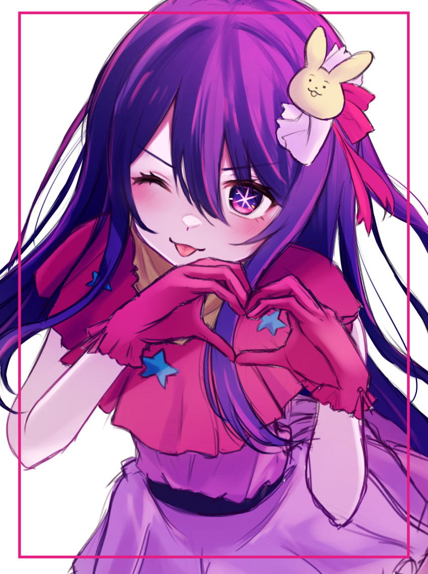 1girl ;p blush commentary_request dress frilled_dress frilled_gloves frills gloves hair_between_eyes hair_ornament hair_ribbon harumaki_tokage heart heart_hands highres hoshino_ai_(oshi_no_ko) idol_clothes long_hair looking_at_viewer one_eye_closed one_side_up oshi_no_ko partial_commentary pink_dress pink_gloves pink_ribbon purple_hair rabbit_hair_ornament ribbon simple_background smile solo star-shaped_pupils star_(symbol) swept_bangs symbol-shaped_pupils tongue tongue_out turtleneck_dress violet_eyes white_background