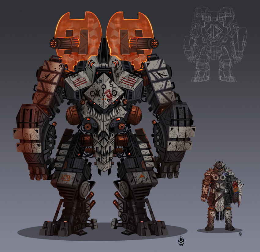 1boy absurdres apex_legends arm_shield chain_gun energy_barrier energy_shield english_commentary gibraltar_(apex_legends) grey_background highres mecha robot shadow shoulder_cannon standing titanfall_(series) wolfdawg_art