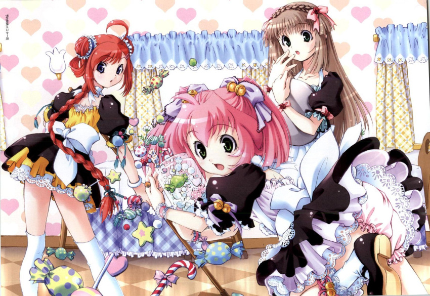 3girls :d apron bell black_footwear bloomers blush bow braid candy candy_cane celery_periwinkle chair checkered_floor cherry_maple cleaning curtains double_bun dress falling food frills hair_bell hair_bow hair_bun hair_ornament hair_ribbon headdress heart highres holding holding_jar jar light_brown_hair lollipop long_hair looking_back maid multiple_girls official_art open_mouth pandaki_(aki) pink_bow pink_hair puffy_sleeves purple_ribbon redhead ribbon scan scarlet_clover shoes short_hair short_sleeves simple_background skirt smile socks star_(symbol) surprised table thigh-highs tripping twintails white_bow