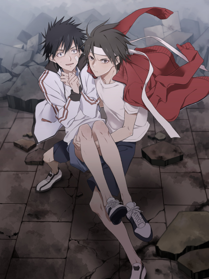 2boys absurdres bandage_on_face bandages black_hair brown_eyes brown_hair carrying closed_mouth from_above hachimaki headband highres jacket jacket_on_shoulders kamijou_touma long_sleeves looking_at_viewer male_focus multiple_boys nervous_smile open_clothes open_jacket parted_lips pika_(tako) princess_carry red_jacket rubble serious shirt short_hair short_sleeves shorts smile sogiita_gunha spiky_hair sportswear sweat toaru_kagaku_no_railgun toaru_majutsu_no_index track_jacket white_footwear white_jacket white_shirt wide-eyed