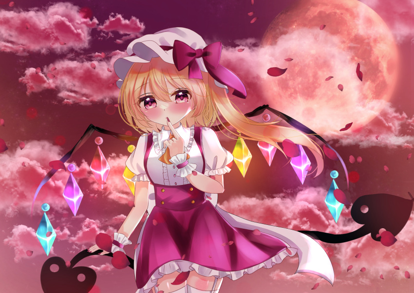 1girl absurdres adapted_costume back_bow blonde_hair blush bow breasts collared_shirt cowboy_shot crystal finger_to_mouth flandre_scarlet frilled_shirt frilled_shirt_collar frilled_sleeves frills full_moon garter_straps glowing glowing_wings hat hat_bow hat_ribbon highres holding holding_polearm holding_weapon huako31 index_finger_raised laevatein_(touhou) large_bow long_hair looking_at_viewer mob_cap moon multicolored_wings nail_polish one_side_up outdoors polearm puffy_short_sleeves puffy_sleeves red_bow red_eyes red_moon red_nails red_petals red_ribbon red_skirt red_sky ribbon shirt short_sleeves skirt sky small_breasts solo thigh-highs touhou weapon white_bow white_headwear white_thighhighs wings wrist_cuffs