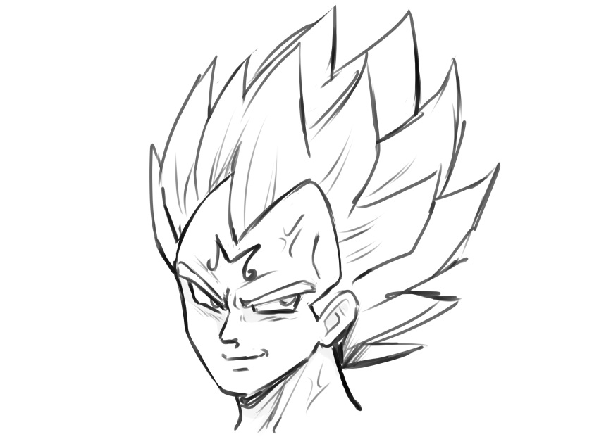 &gt;:) 1boy absurdres commentary dragon_ball dragon_ball_z facial_mark forehead_mark highres long_hair looking_at_viewer majin_vegeta male_focus monochrome simple_background solo spiky_hair v-shaped_eyebrows vegeta white_background yaya_chan