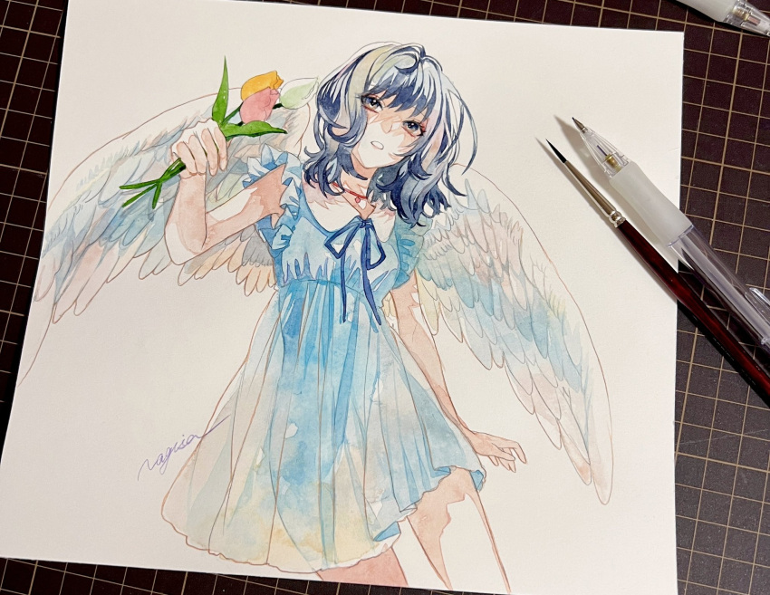 1girl angel_wings art_tools_in_frame artist_name bare_legs blue_dress blue_hair blue_ribbon choker clenched_teeth dress feathered_wings flower grey_eyes grid hand_up highres holding holding_flower looking_at_viewer medium_hair neck_ribbon original paintbrush parted_lips pen photo_(medium) pink_flower pink_tulip red_choker ribbon signature simple_background solo srnmomo standing teeth tulip white_background white_flower white_tulip white_wings wings