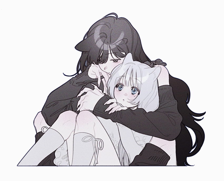 2girls animal_ears black_eyes black_hair black_leg_warmers black_sweater blue_eyes blush border cat_ears cat_girl closed_mouth clothing_cutout detached_sleeves dress expressionless film_grain fingernails grey_hair hand_on_another's_arm hand_on_own_cheek hand_on_own_face highres hug hug_from_behind kneehighs knees_up long_hair long_sleeves looking_at_another mole mole_under_eye multiple_girls nanoka_san original pale_skin parted_lips reclining short_hair shoulder_cutout simple_background single_bare_shoulder sitting socks sweater white_background white_border white_dress white_hair white_socks yuri