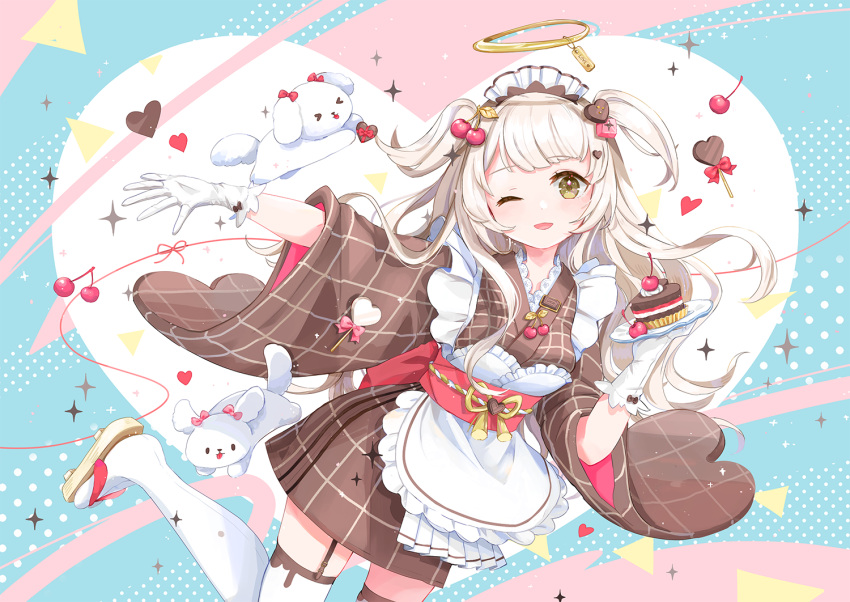 1girl ;d apron back_bow blue_background bow brown_eyes brown_footwear brown_kimono cake candy cherry cherry_hair_ornament chocolate chocolate_cake collar dog floating_clothes floating_hair food food-themed_hair_ornament frilled_apron frilled_collar frills fruit garter_straps geta gloves hair_ornament halo hands_up heart heart-shaped_chocolate holding holding_plate japanese_clothes kimono light_brown_hair long_hair looking_at_viewer maid maid_apron maid_headdress multicolored_background one_eye_closed original outstretched_arm patterned_background pink_background pink_bow plate red_bow sidelocks smile sparks standing standing_on_one_leg tassel thigh-highs triangle two_side_up valentine white_background white_gloves white_thighhighs wide_sleeves yutukicom