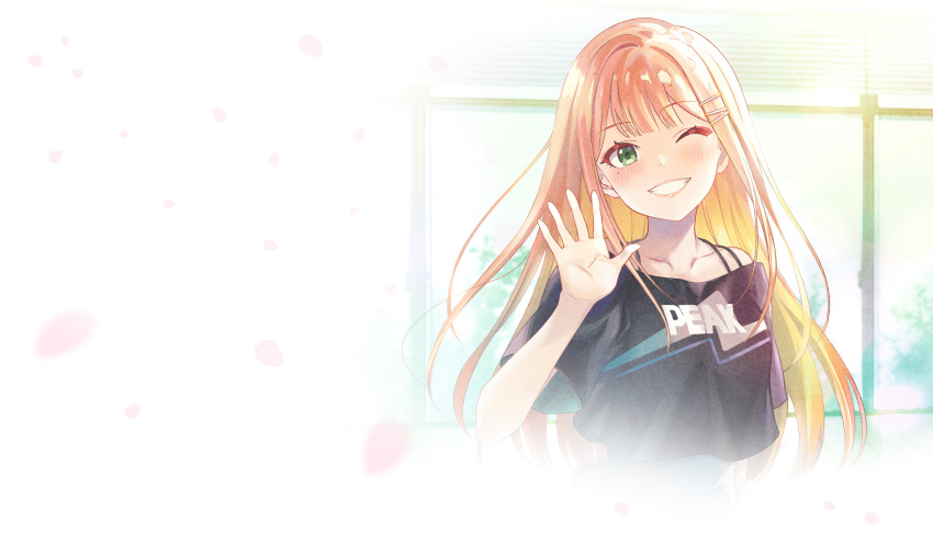 1girl artist_request black_shirt blunt_bangs blurry blurry_background blush center-flap_bangs clothes_writing crop_top cropped_shirt dot_nose double-parted_bangs english_text falling_petals gakuen_idolmaster green_eyes grin hand_up highres long_hair looking_at_viewer mole mole_under_eye off-shoulder_shirt off_shoulder official_art one_eye_closed open_hand orange_hair petals print_shirt shirt smile solo spaghetti_strap upper_body waving window window_blinds