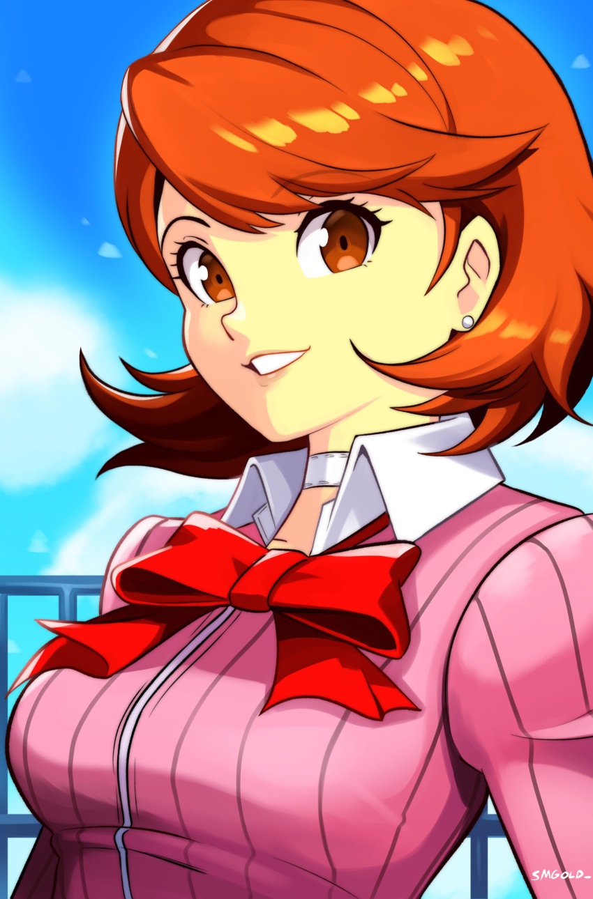 1girl absurdres blue_sky bow bowtie breasts brown_eyes brown_hair cardigan choker clouds cloudy_sky collared_shirt commentary earrings highres jewelry long_sleeves looking_at_viewer loose_bowtie medium_breasts outdoors parted_lips persona persona_3 persona_3_reload pink_cardigan red_bow red_bowtie ribbed_cardigan shirt short_hair sky smgold smile solo stud_earrings swept_bangs takeba_yukari upper_body white_choker white_shirt