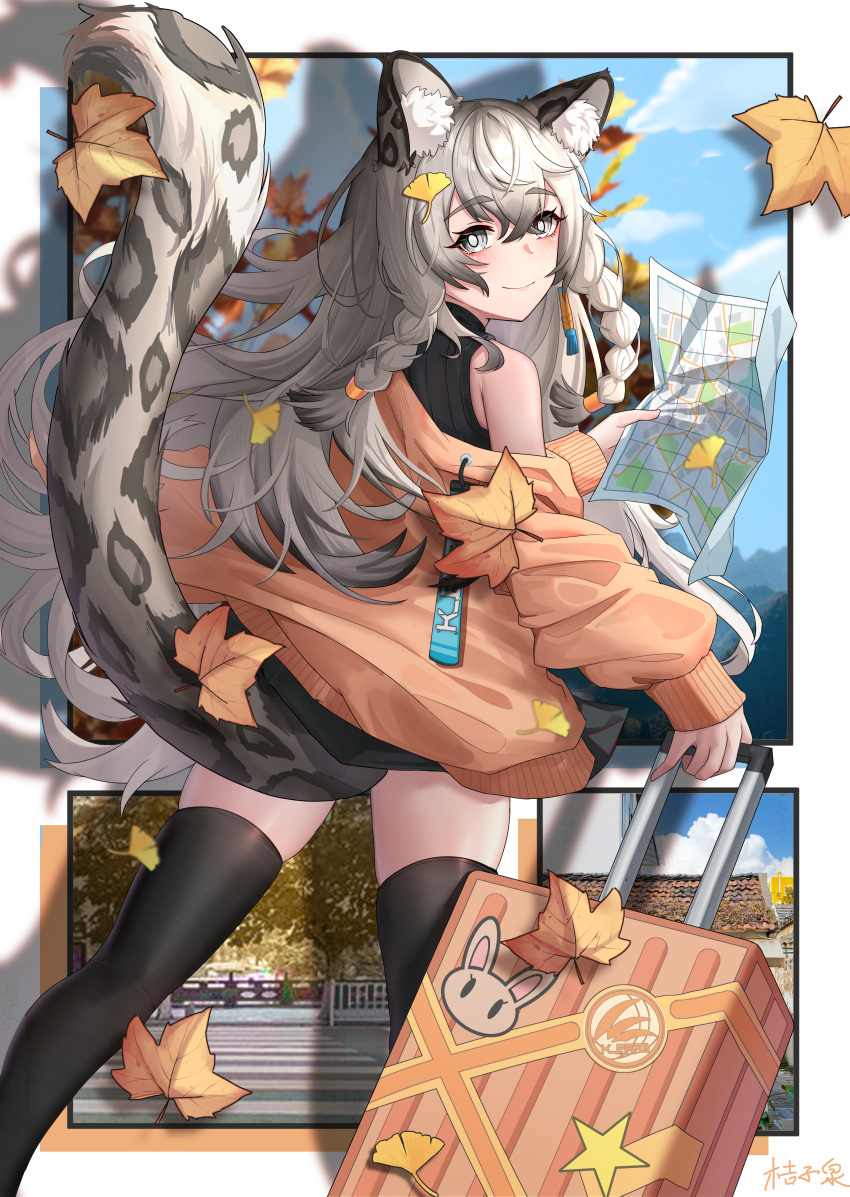 1girl absurdres alternate_costume animal_ear_fluff animal_ears arknights autumn autumn_leaves bare_shoulders black_hair black_skirt black_sweater black_thighhighs border braid bright_pupils closed_mouth colored_tips crossed_bangs day eyelashes feet_out_of_frame from_behind ginkgo_leaf grey_eyes grey_hair hair_between_eyes highres holding holding_map jacket leaf legs_apart long_hair long_sleeves looking_at_viewer looking_back map miniskirt multicolored_hair open_clothes open_jacket orange_jacket orangeizumi outdoors outside_border photo_inset pramanix_(arknights) side_braid skindentation skirt sleeveless sleeveless_sweater sleeveless_turtleneck smile snow_leopard_ears snow_leopard_girl snow_leopard_tail solo standing sweater tail thigh-highs turtleneck twin_braids two-tone_hair very_long_hair white_border white_pupils zettai_ryouiki
