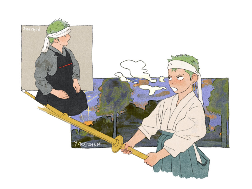1boy aged_down bandana breath cropped_legs earrings full_body green_hair hakama hakama_pants highres holding holding_sword holding_weapon japanese_clothes jewelry male_focus multiple_views one_piece open_mouth pants roronoa_zoro seiza short_hair sideburns single_earring sitting sword weapon wooden_sword yaoizhen