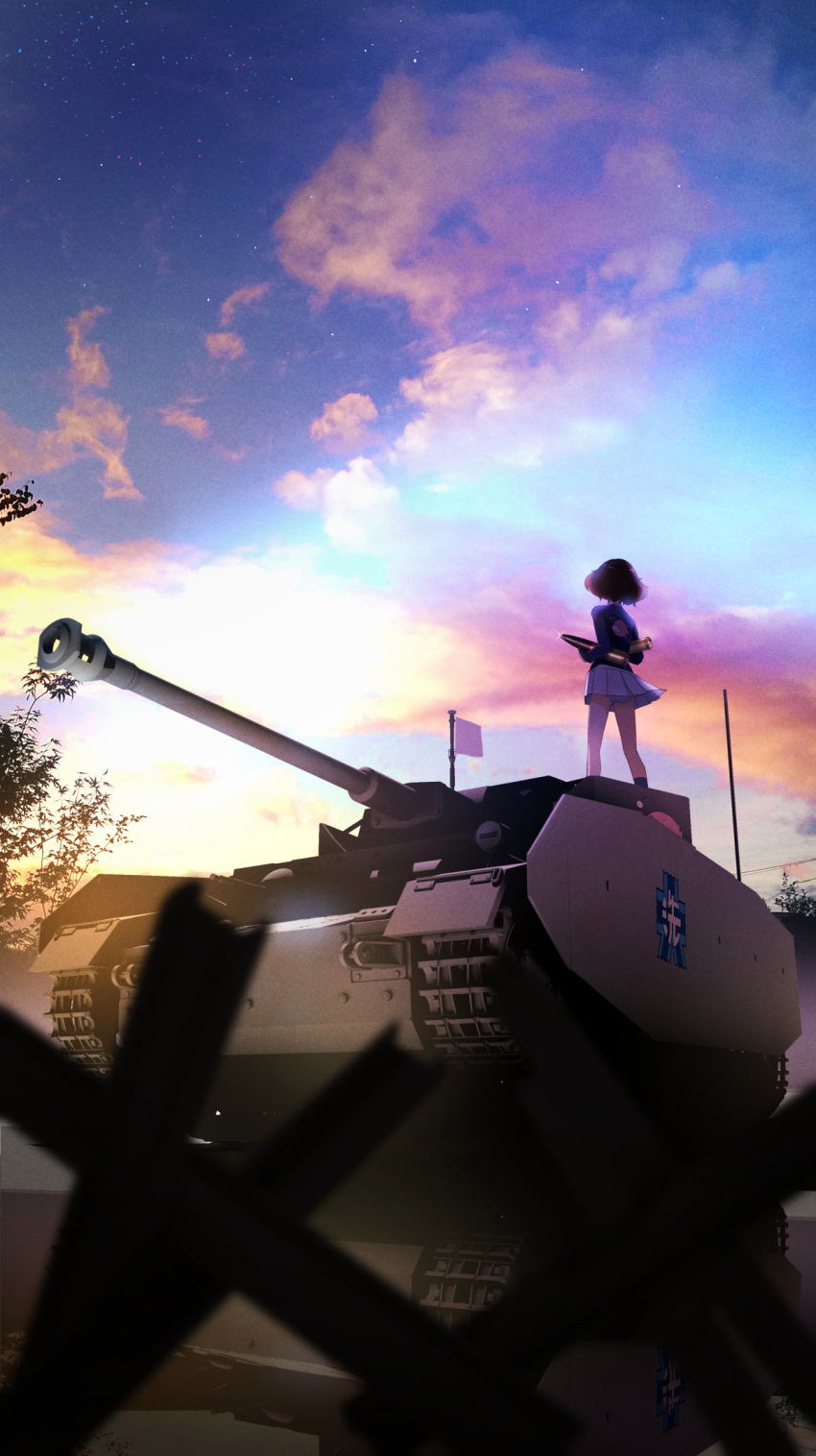 1girl akiyama_yukari anglerfish backlighting blackminolith_(2ne) blue_jacket blurry blurry_foreground clouds cloudy_sky commentary_request depth_of_field emblem facing_away fish flag girls_und_panzer highres holding jacket long_sleeves messy_hair military_uniform military_vehicle miniskirt motor_vehicle multicolored_sky on_vehicle ooarai_(emblem) ooarai_military_uniform outdoors panties pantyshot panzer_iv partial_commentary pleated_skirt short_hair skirt sky solo standing tank tank_shell twilight underwear uniform vehicle_focus white_flag white_skirt wind