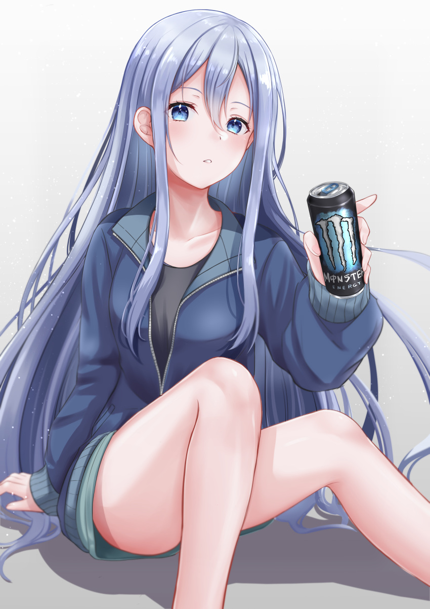 1girl 25-ji_nightcord_de._(project_sekai) absurdres bare_legs black_shirt blue_eyes blue_hair blue_jacket can collarbone energy_drink feet_out_of_frame gradient_background grey_background grey_hair hair_between_eyes highres holding holding_can jacket knee_up long_hair long_sleeves looking_at_viewer monster_energy parted_lips partially_unzipped project_sekai shirt short_shorts shorts sitting solo very_long_hair white_background yoisaki_kanade yuzu_ponzu_(vgah7445) zipper