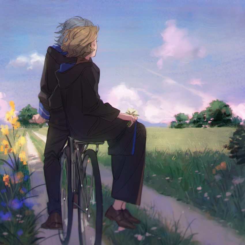 2boys absurdres back-to-back bicycle black_coat black_jacket black_pants blonde_hair blue_hair blue_sky brown_footwear clouds coat coke_6 day facing_away field flower from_behind full_body grass highres holding holding_flower hood hood_down jacket long_sleeves mahoutsukai_no_yakusoku male_focus multiple_boys multiple_riders nero_turner outdoors pants path purple_sky riding riding_bicycle rutile_flores school_uniform shade shoes short_hair sidesaddle sitting sky tree