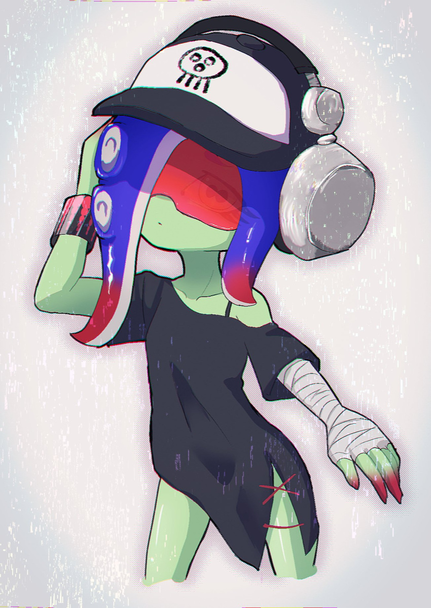 1girl arm_up bandaged_arm bandages baseball_cap black_dress blue_hair cephalopod_eyes closed_mouth colored_skin commentary_request cropped_legs dedf1sh dress eyes_visible_through_eyewear gradient_hair green_skin grey_background hat headphones headphones_over_headwear highres long_hair multicolored_hair octoling off_shoulder panu print_headwear red-tinted_eyewear redhead sanitized_(splatoon) side_slit single_bare_shoulder solo splatoon_(series) splatoon_3 splatoon_3:_side_order tentacle_hair tinted_eyewear two-tone_hair