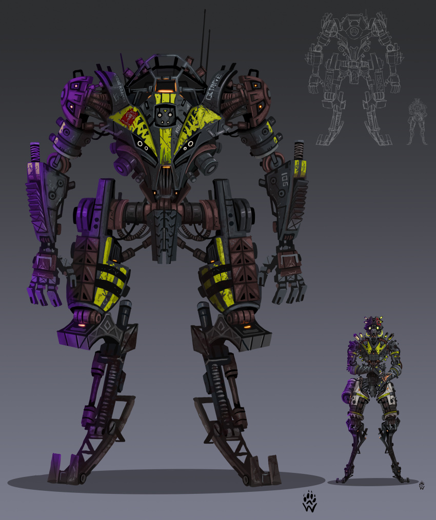 1boy absurdres apex_legends cable full_body green_eyes grey_background highres humanoid_robot looking_at_viewer mecha mechanization octane_(apex_legends) robot science_fiction shadow size_comparison titanfall_(series) wolfdawg_art