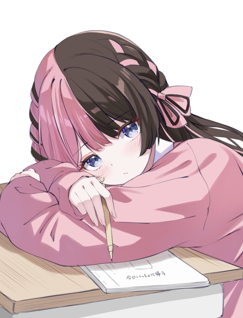 1girl alternate_costume black_bow black_hair blue_eyes blush bow braid closed_mouth desk dot_nose highres holding holding_pen long_hair long_sleeves looking_at_viewer multicolored_hair notebook pen pink_bow pink_hair pink_sweater shinshia_(sinsia_0928) simple_background solo split-color_hair sweater tachibana_hinano_(vtuber) twintails two-tone_hair vspo! white_background