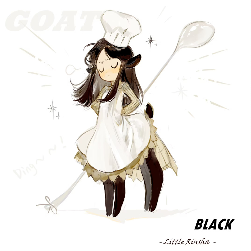 1girl alternate_costume animal_ears annoyed arms_behind_back black_hair centauroid character_name chef_hat closed_eyes dress dungeon_meshi facing_viewer frown full_body furrowed_brow goat_girl hashtag_only_commentary hat highres ladle long_hair long_sleeves minodreamland monster_girl monsterification parted_bangs rin_(dungeon_meshi) solo standing taur white_background white_dress white_headwear