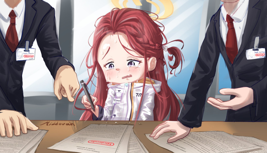 1girl 2boys artist_name black_jacket blazer blue_archive blush braid commentary crying crying_with_eyes_open english_commentary forehead french_braid halo highres holding holding_pen hood hooded_jacket id_card indoors jacket long_hair long_sleeves messy_hair middovah multiple_boys name_connection necktie nintendo one_side_up open_mouth pen pun red_necktie redhead solo_focus suit tears upper_body violet_eyes white_jacket window yellow_halo yuzu_(blue_archive) yuzu_(emulator)