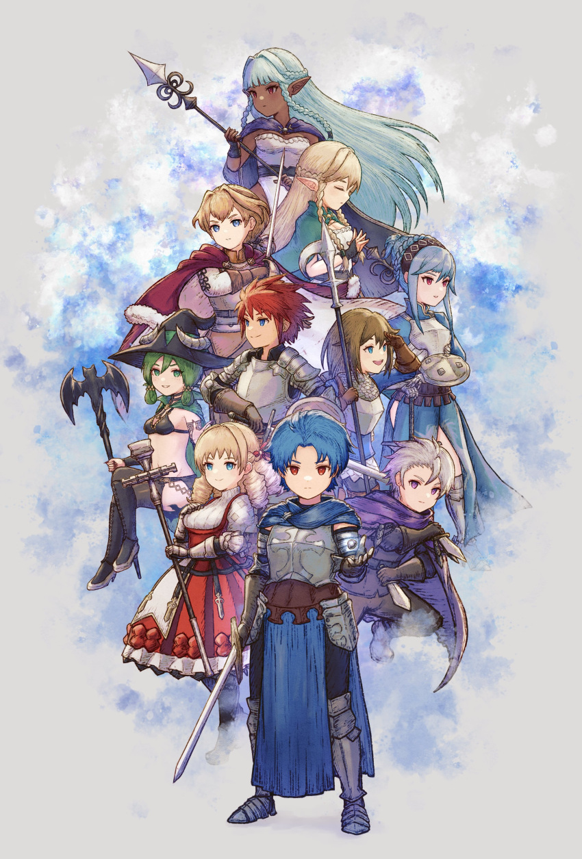 4boys 6+girls absurdres alain_(unicorn_overlord) arm_shield armor armored_boots blonde_hair blue_cloak blue_eyes blue_hair boots breastplate brown_hair chibi cloak countdown_illustration dagger dark-skinned_female dark_skin dress drill_hair dual_wielding eltolinde english_commentary fantasy fingerless_gloves full_body gauntlets gloves green_cloak green_eyes green_hair grey_hair hair_intakes hat highres holding holding_polearm holding_staff holding_sword holding_weapon knife long_hair looking_at_viewer multiple_boys multiple_girls pointy_ears polearm purple_cloak puzxle reaching red_cloak red_dress red_eyes redhead rosalinde_(unicorn_overlord) scarlett_(unicorn_overlord) short_hair simple_background smile spiky_hair staff sword unicorn_overlord warrior weapon witch_hat
