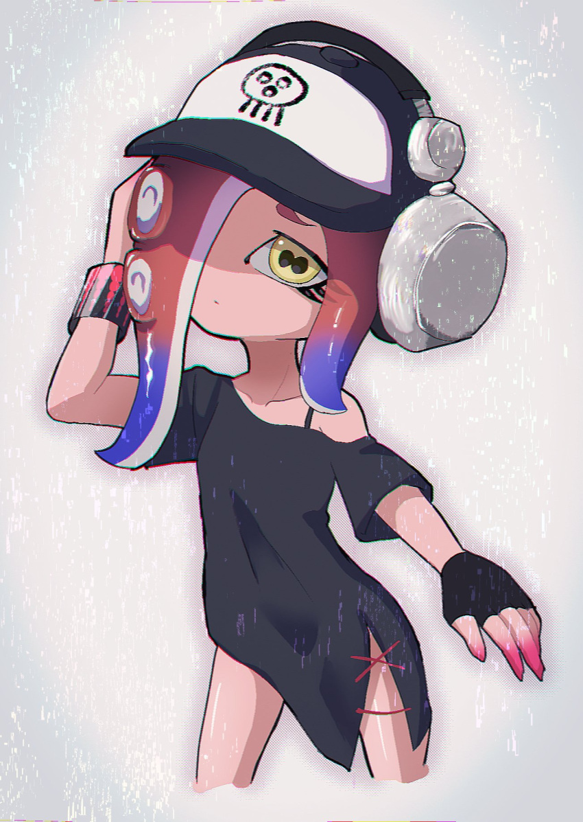 1girl arm_up baseball_cap black_dress blue_hair cephalopod_eyes closed_mouth commentary_request cropped_legs dedf1sh dress eyelashes gradient_hair grey_background hat headphones headphones_over_headwear highres long_hair multicolored_hair octoling off_shoulder panu print_headwear redhead side_slit single_bare_shoulder solo splatoon_(series) splatoon_3 splatoon_3:_side_order tentacle_hair thick_eyebrows two-tone_hair yellow_eyes