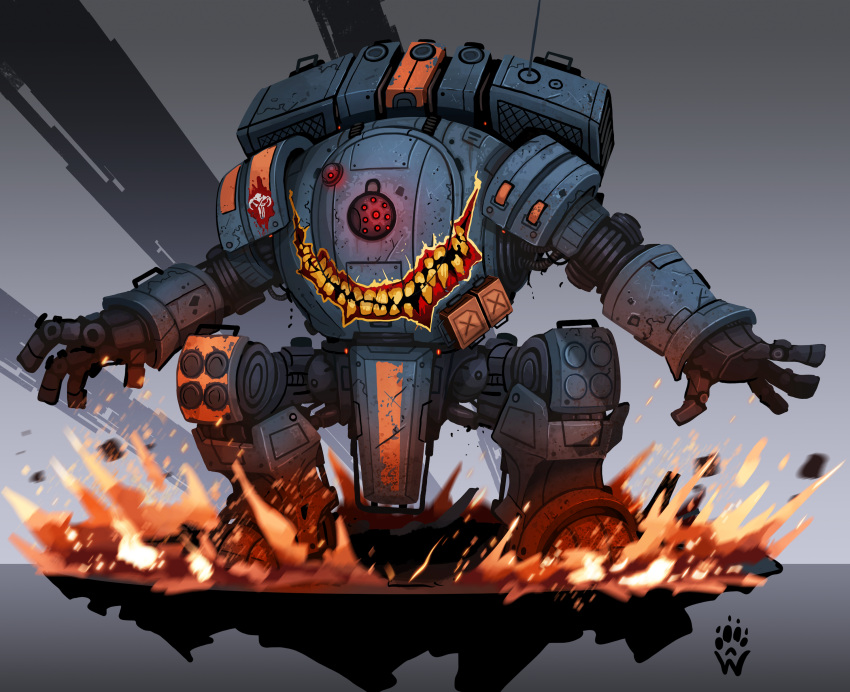 absurdres english_commentary fire highres looking_to_the_side mecha mecha_focus no_humans open_hands radio_antenna red_eyes robot science_fiction scorch_(titanfall_2) shadow titan_(titanfall) titanfall_(series) titanfall_2 wolfdawg_art