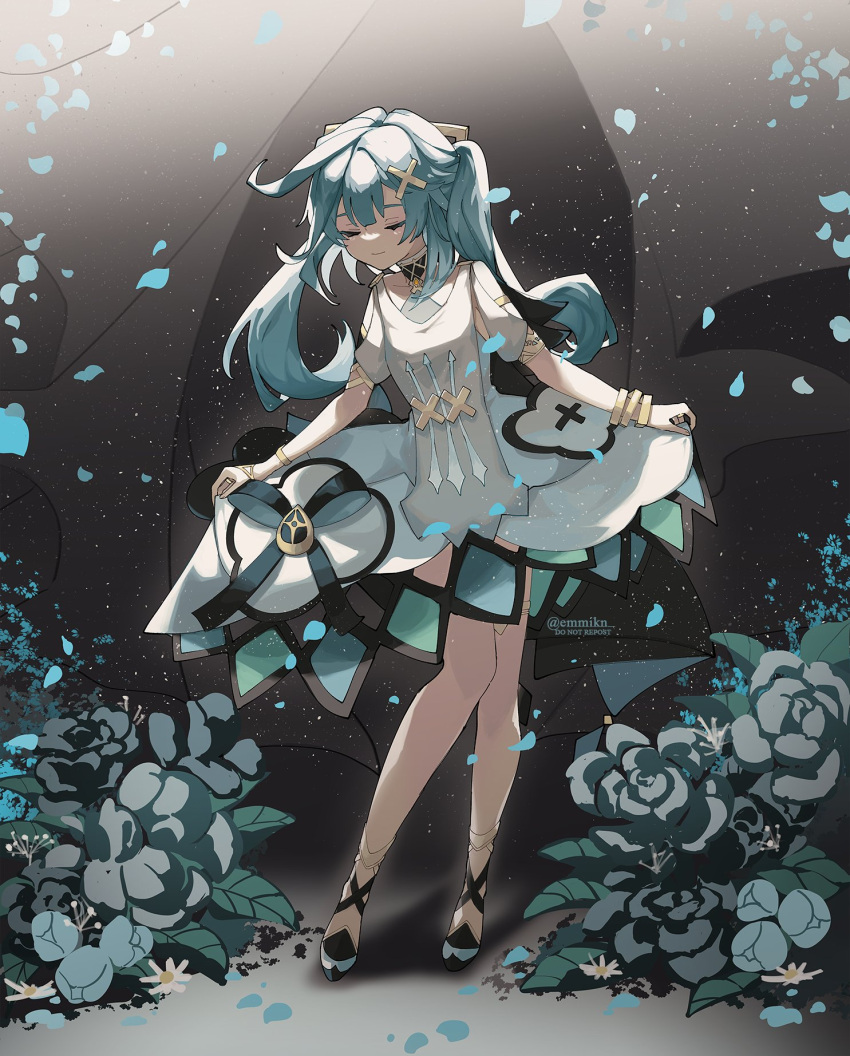 aqua_hair aqua_petals blunt_bangs bridal_garter closed_eyes closed_mouth clothes_lift curtsey emmikn falling_petals flower full_body genshin_impact high_heels highres leaf petals plant simple_background skirt skirt_lift twintails