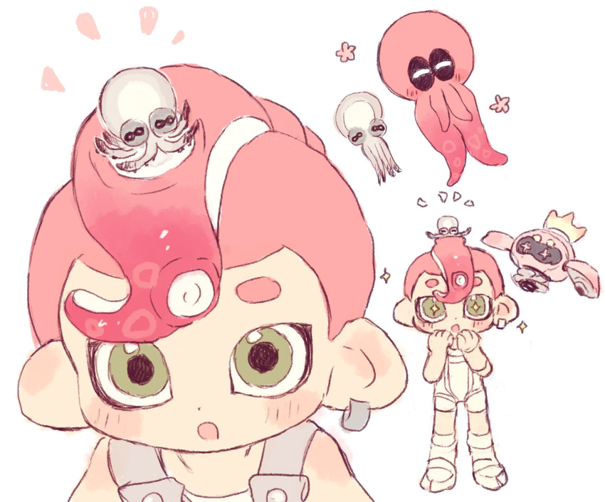 +_+ 1boy agent_8_(splatoon) bodysuit cephalopod_eyes closed_eyes commentary_request crown earrings floating green_eyes highres hoop_earrings jewelry long_hair mei_tyan_n multiple_views non-humanoid_robot octoling octoling_boy octoling_player_character octopus pearl_drone_(splatoon) redhead robot short_hair simple_background smollusk_(splatoon) sparkle splatoon_(series) splatoon_3 splatoon_3:_side_order standing tentacle_hair tentacles thick_eyebrows white_background white_bodysuit