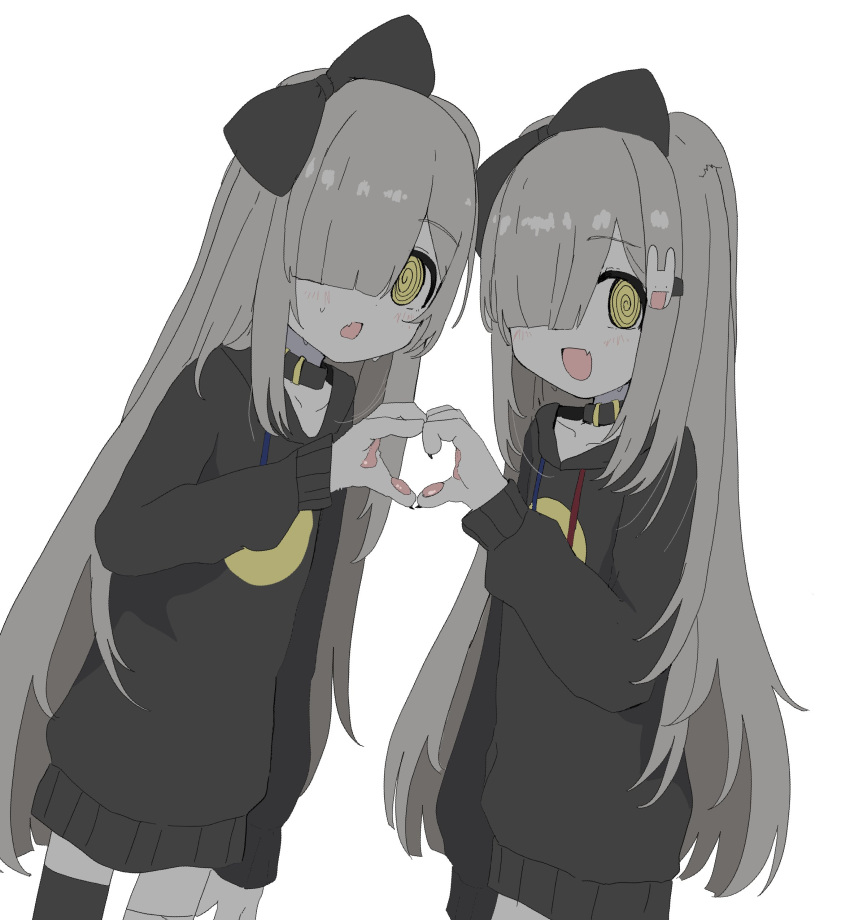 2girls @_@ absurdres animal_collar animal_hands black_bow black_hoodie blunt_bangs blush bow claws clone collar cowboy_shot fang fewer_digits floppy_ears grey_hair hair_bow hair_ornament hair_over_one_eye hand_up heart heart_hands heart_hands_duo highres hood hood_down hoodie long_hair long_sleeves multiple_girls nervous_sweating one_eye_covered open_mouth original oyasu_miyo pawpads print_hoodie print_shirt rabbit_hair_ornament shirt simple_background single_thighhigh skin_fang smile standing sweat thigh-highs vreparty white_background yellow_eyes