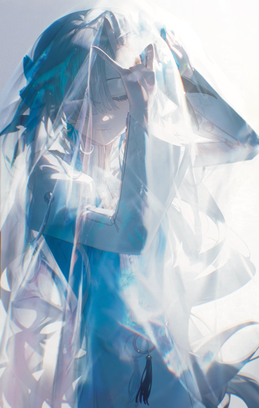1girl absurdres arms_up blue_dress blue_flower blue_hair closed_eyes closed_mouth coat dress expressionless eyelashes flower from_side grey_hair hair_flower hair_ornament hair_over_one_eye hands_up highres isekai_joucho juliet_sleeves kamitsubaki_studio konya_karasue long_hair long_sleeves multicolored_hair o-ring open_hands profile puffy_sleeves simple_background solo tassel two-tone_dress two-tone_hair upper_body veil very_long_hair virtual_youtuber white_background white_dress white_hair