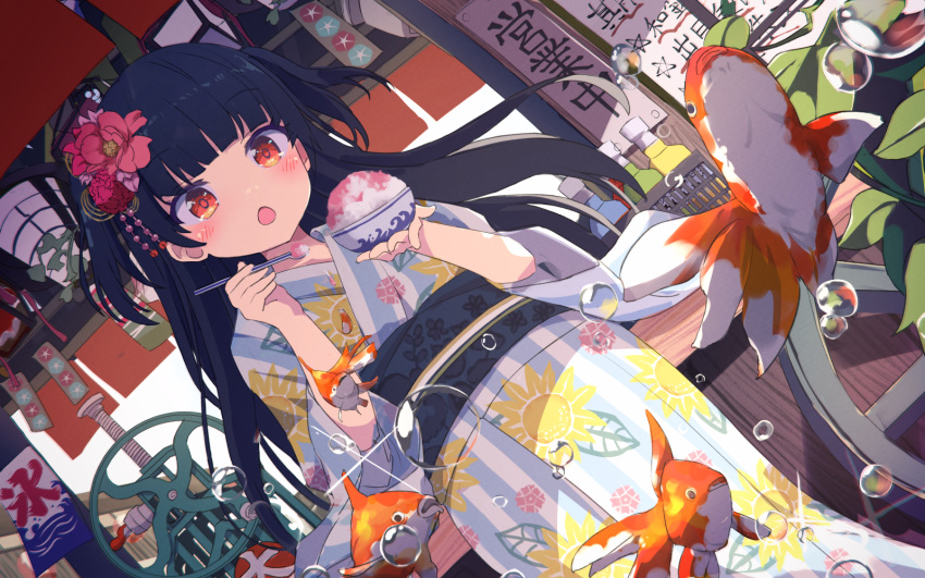 1girl animal black_hair blunt_bangs blush fish flying_fish food goldfish hair_ornament highres holding holding_food holding_spoon japanese_clothes kanzashi kimono long_hair open_mouth original outdoors red_eyes remini_(scenceremini) shaved_ice spoon two_side_up very_long_hair water_drop wide_sleeves yukata