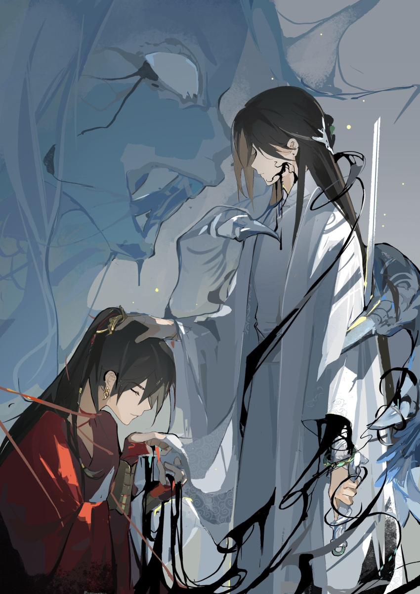2boys black_hair chinese_clothes claws closed_eyes closed_mouth copyright_request hair_ornament hand_on_another's_head hanfu highres holding holding_sword holding_weapon kneeling long_hair male_focus monster multiple_boys ponytail qingxin_gua_yu red_hanfu standing sword weapon white_hanfu