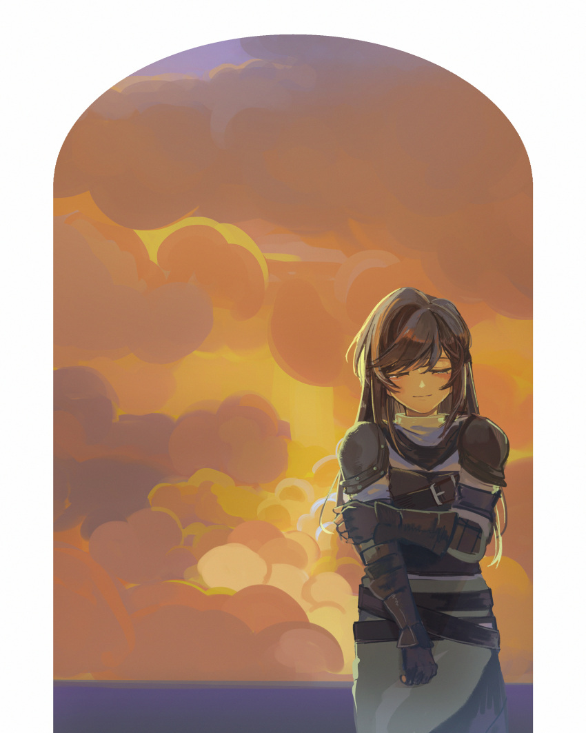 1girl absurdres arm_guards armor brown_gloves brown_hair closed_eyes closed_mouth clouds cloudy_sky fingerless_gloves gloves grey_pants grey_shirt highres long_hair orange_sky outdoors pants pauldrons remosea rosa_(tears_of_themis) shirt shoulder_armor sky solo sunset tears_of_themis