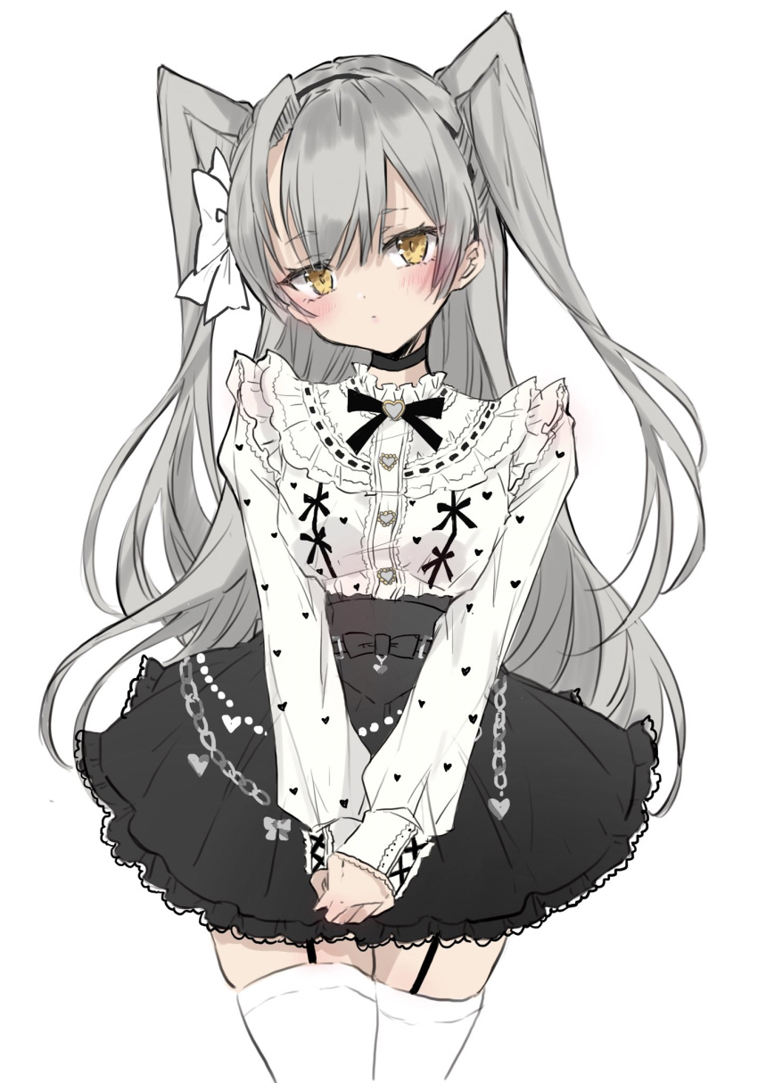 1girl alternate_costume amatsukaze_(kancolle) black_choker black_skirt blouse blush bow breasts chigasaki_yukari choker closed_mouth frills garter_straps hair_bow highres kantai_collection long_hair long_sleeves looking_at_viewer own_hands_together shirt sidelocks simple_background skirt solo thigh-highs two_side_up very_long_hair white_background white_bow white_shirt white_thighhighs