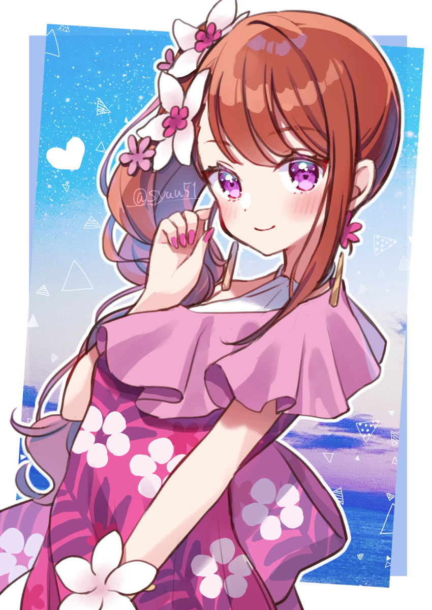 1girl alternate_hairstyle blue_sky brown_hair closed_mouth commentary day dress earrings hair_up hand_in_own_hair highres hijiri_ageha hirogaru_sky!_precure jewelry looking_at_viewer medium_hair outdoors precure purple_dress shuu_(mniarnoakou) side_ponytail sky sleeveless sleeveless_dress smile solo standing starry_background twitter_username violet_eyes