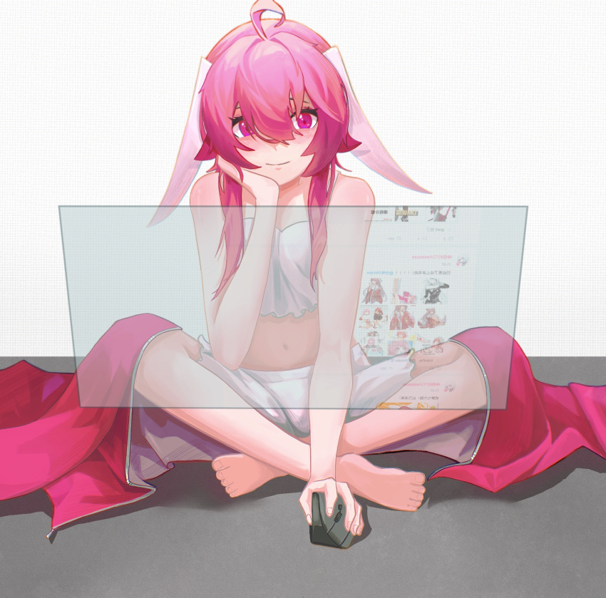 1girl ahoge animal_ears bare_arms bare_shoulders barefoot bilibili borrowed_inset chinese_commentary commentary_request crop_top cropped_shirt eiroyi floppy_ears full_body hair_between_eyes hand_on_own_cheek hand_on_own_face head_rest highres holographic_monitor huan_xiang indian_style indie_virtual_youtuber jacket long_hair lop_rabbit_ears midriff mouse_(computer) navel on_floor pink_eyes pink_hair pink_jacket rabbit_ears shirako_(vtuber) shirt shorts sidelocks sitting smile solo spaghetti_strap unworn_jacket virtual_youtuber white_shirt white_shorts