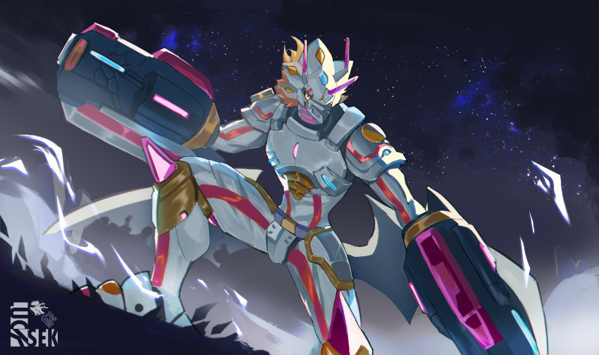 765_nanami absurdres arm_blade arm_cannon armor artist_logo blonde_hair covered_mouth digimon digimon_(creature) dragon dust highres horns night night_sky siriusmon sky solo spiky_hair weapon wings yellow_eyes