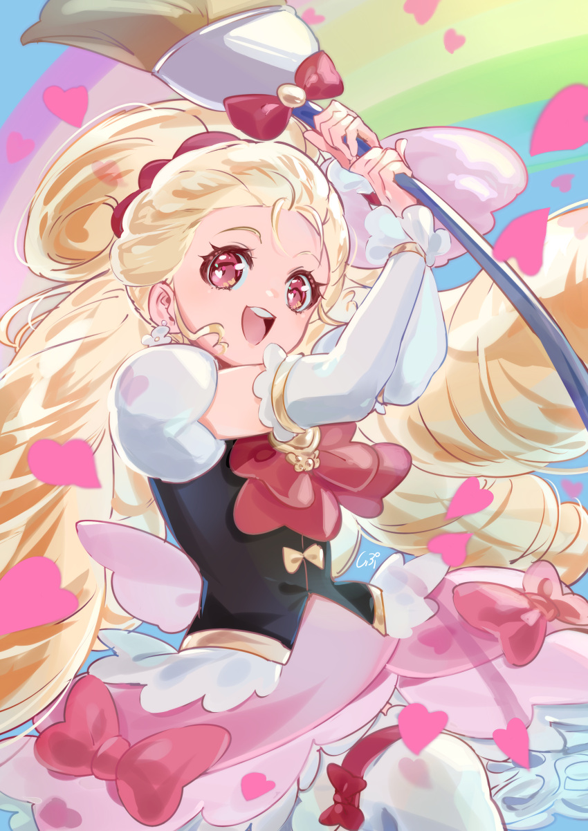 1girl :d absurdres black_vest blonde_hair blue_background bow bow_legwear cowboy_shot cure_art dress_bow drill_hair earrings flower_earrings happinesscharge_precure! heart highres holding holding_paintbrush international_precure jewelry long_hair looking_at_viewer magical_girl open_mouth oversized_object paintbrush pink_bow pink_eyes pink_skirt pink_wings precure puffy_sleeves rainbow red_bow shipu_(gassyumaron) skirt smile solo thigh-highs vest white_arm_warmers white_thighhighs wings