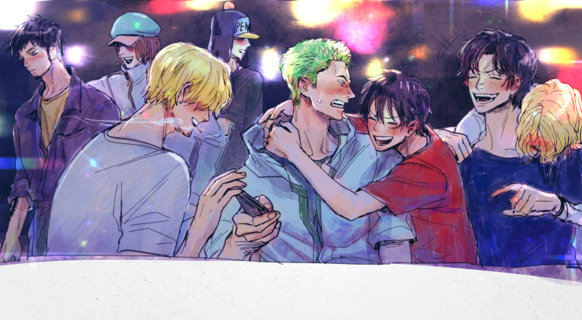 6+boys arms_around_neck black_eyes black_hair blonde_hair blush cigarette closed_eyes drunk earrings eg_(eastg111) facial_hair freckles goatee green_hair hat_over_eyes head_on_another's_shoulder highres jewelry leaning_on_person looking_at_another male_focus monkey_d._luffy multiple_boys one_piece penguin_(one_piece) portgas_d._ace roronoa_zoro sabo_(one_piece) sanji_(one_piece) scar scar_on_cheek scar_on_face shachi_(one_piece) short_hair sideburns smile smoking sweatdrop trafalgar_law upper_body