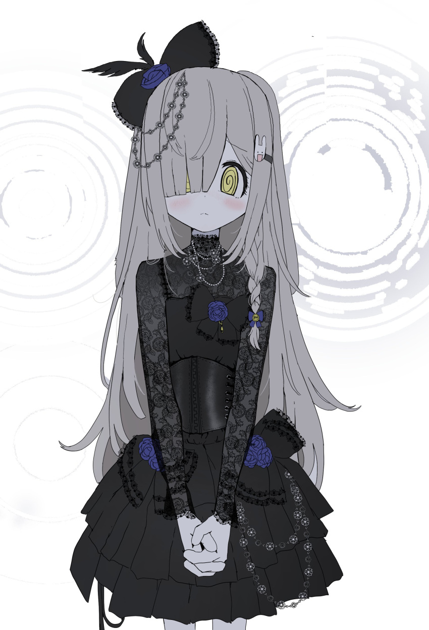 1girl @_@ absurdres animal_hands black_bow black_dress blunt_bangs blush boutonniere bow braid claws closed_mouth corset dress floppy_ears frilled_dress frills frown furry furry_female grey_hair hair_bow hair_ornament hair_over_one_eye head_chain highres jewelry lace_sleeves long_hair long_sleeves looking_at_viewer necklace original own_hands_clasped own_hands_together oyasu_miyo rabbit_hair_ornament see-through see-through_sleeves short_dress side_braid solo standing v_arms vreparty white_background yellow_eyes