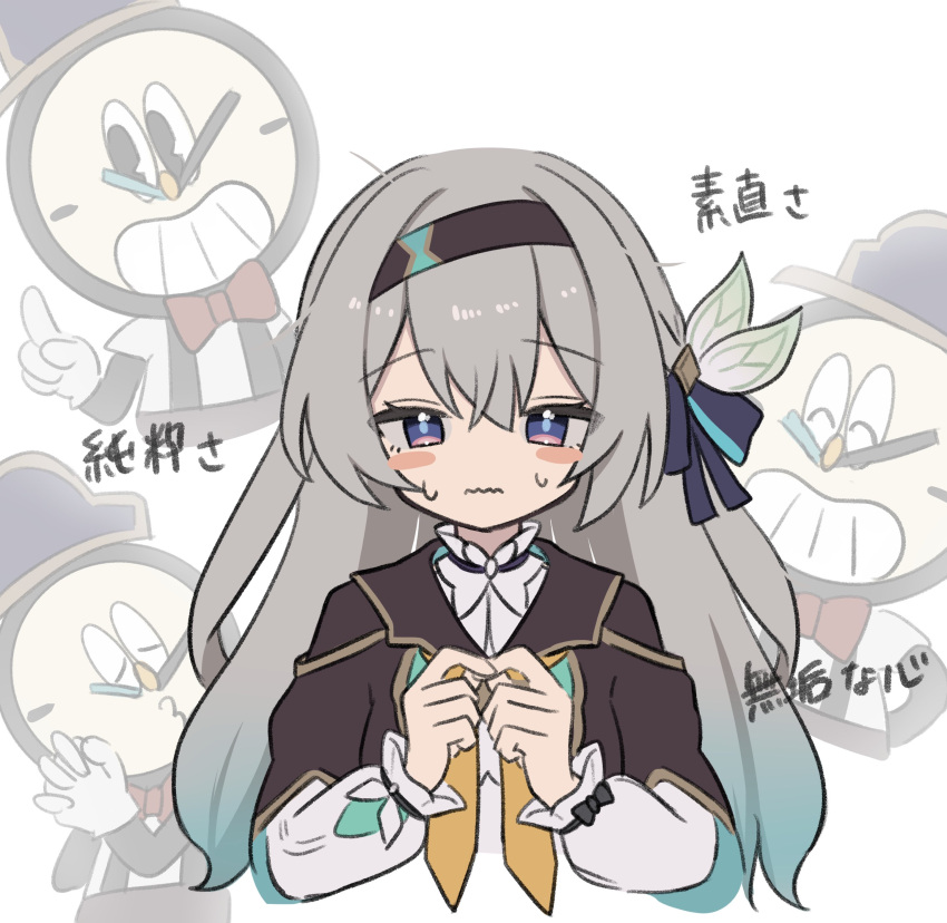1girl 1other absurdres black_hairband black_jacket blue_hair blue_pupils blue_ribbon blush_stickers bow clockie_(honkai:_star_rail) closed_mouth collared_shirt cropped_jacket cropped_torso firefly_(honkai:_star_rail) gradient_hair grey_hair hair_bow hair_intakes hair_ribbon hairband highres honkai:_star_rail honkai_(series) index_fingers_together jacket long_hair long_sleeves looking_at_viewer multicolored_hair multiple_views neckerchief object_head orange_neckerchief own_hands_together projected_inset ribbon shirt simple_background straight-on translation_request violet_eyes wavy_mouth white_background white_bow white_shirt yanfeikawaii