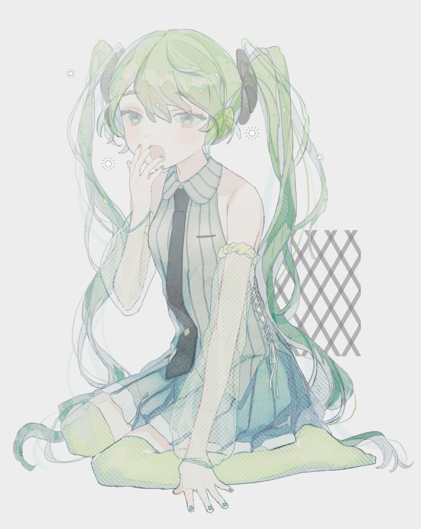 1girl :o alternate_color alternate_hair_color bare_shoulders black_necktie blush detached_sleeves fishnet_sleeves full_body green_eyes green_hair green_nails green_skirt green_theme green_thighhighs grey_background grey_shirt hair_ornament hand_on_floor hand_up hatsune_miku highres leaf_hair_ornament long_hair long_sleeves looking_at_viewer nakko_(7nt5ta) necktie open_mouth pleated_skirt see-through see-through_sleeves shirt simple_background sitting skirt sleeveless sleeveless_shirt solo squeans thigh-highs twintails very_long_hair vocaloid wariza white_background yawning