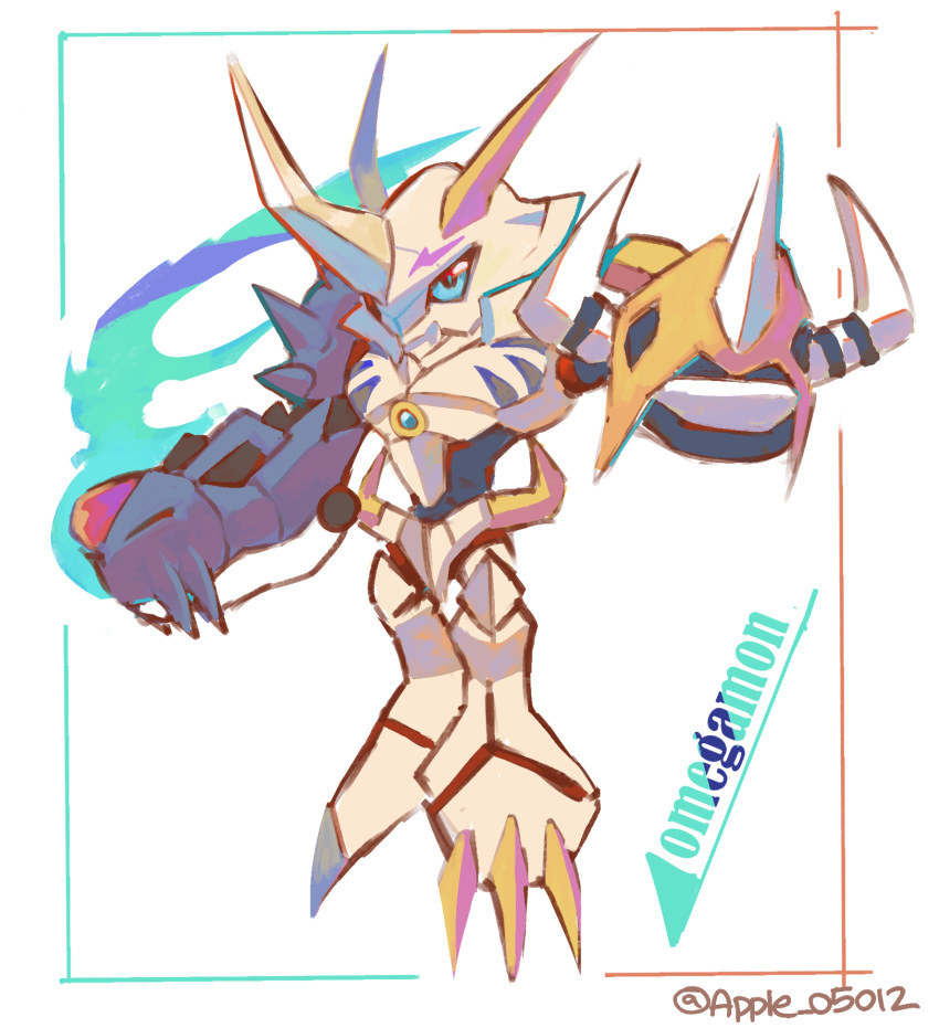 765_nanami blue_eyes character_name chibi digimon digimon_(creature) highres horns looking_at_viewer mecha multiple_heads omegamon robot simple_background twitter_username white_background