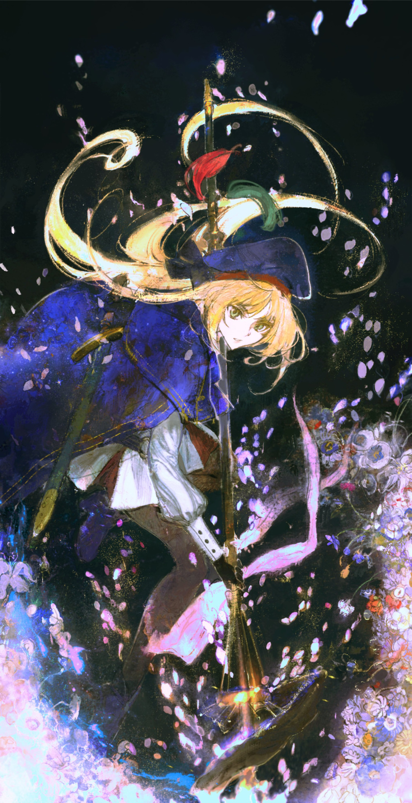 1girl absurdres artoria_caster_(fate) artoria_caster_(second_ascension)_(fate) artoria_pendragon_(fate) black_gloves blonde_hair blue_capelet blue_headwear capelet dark_background fate/grand_order fate_(series) flower forzen full_body gloves green_eyes highres long_sleeves pantyhose parted_lips skirt solo staff sword weapon white_skirt