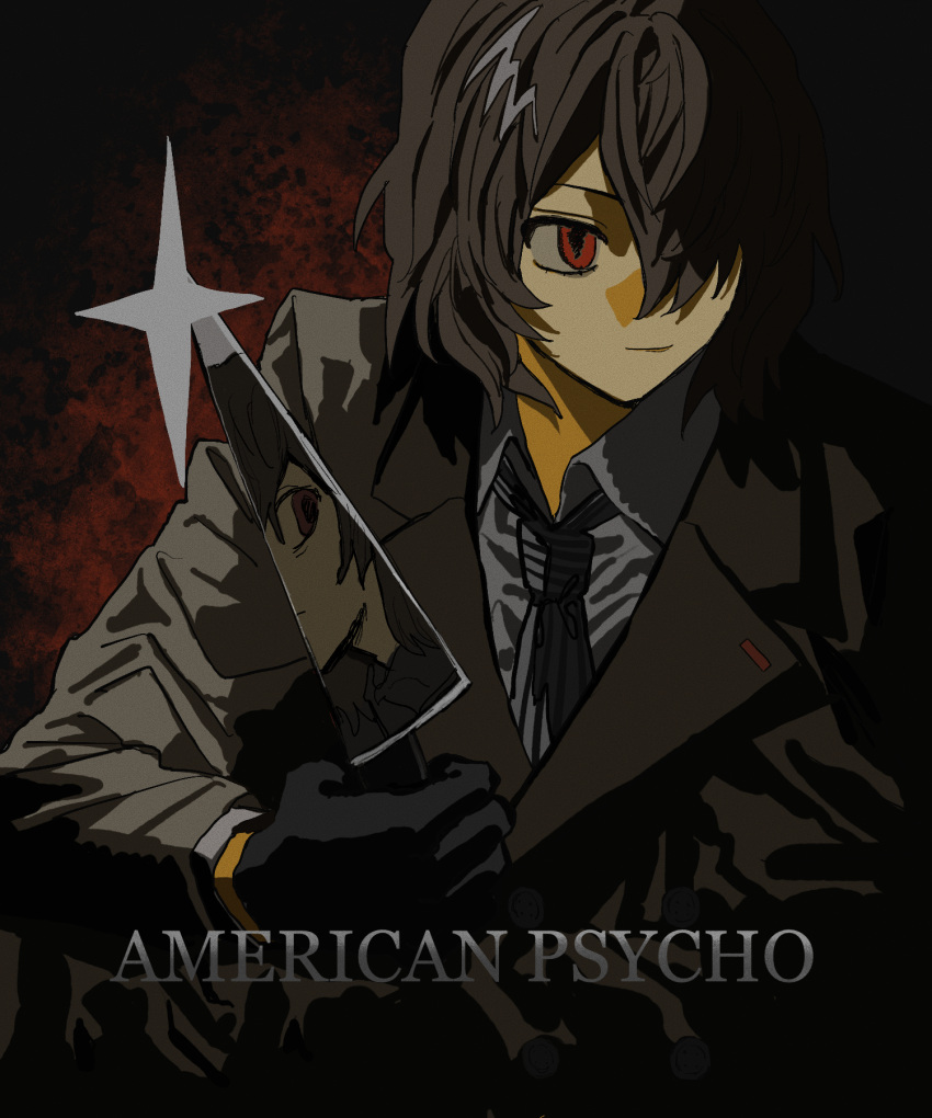 1boy akechi_gorou american_psycho black_gloves brown_coat brown_hair closed_mouth coat collared_shirt copyright_name glint gloves hair_over_one_eye highres holding holding_knife holding_weapon knife long_sleeves male_focus movie_poster necktie parody persona persona_5 red_eyes reflection shirt short_hair simple_background smirk solo striped_necktie tami_tome_mo upper_body weapon white_necktie white_shirt wing_collar