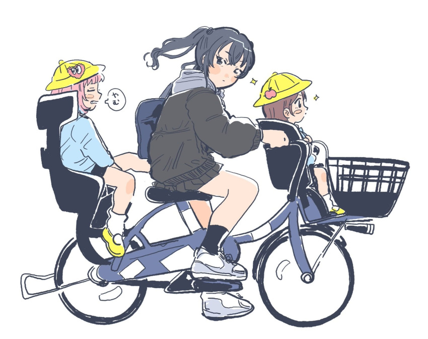#unicus_(idolmaster) 3girls aged_down bag bicycle bicycle_basket black_hair black_jacket black_shorts black_skirt black_socks blue_shirt blush_stickers brown_hair child child_safety_seat closed_eyes floating_hair from_side full_body grey_hoodie hat highres hood hood_down hoodie idolmaster idolmaster_cinderella_girls idolmaster_cinderella_girls_starlight_stage inichigaichi jacket jacket_over_hoodie kicking kindergarten_uniform long_hair long_sleeves looking_ahead looking_at_another looking_back looking_to_the_side multiple_girls multiple_riders pink_hair pleated_skirt riding riding_bicycle school_bag school_hat shirt shoes short_hair shorts shoulder_bag simple_background sitting skirt sneakers socks sparkle speech_bubble sunazuka_akira translation_request tsujino_akari twintails white_background white_socks yellow_headwear yumemi_riamu