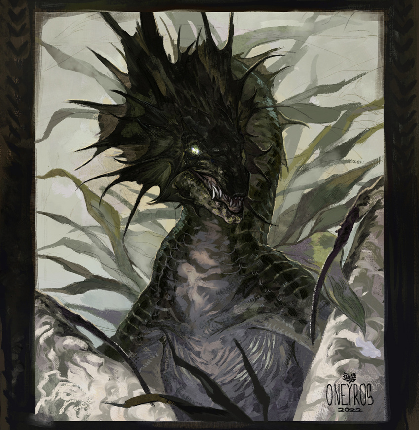 animal_focus artist_name border brown_border commentary dragon english_commentary fins from_side green_background green_eyes head_fins looking_at_viewer monster no_humans oneyros open_mouth original scales sharp_teeth slit_pupils solo teeth upper_body western_dragon