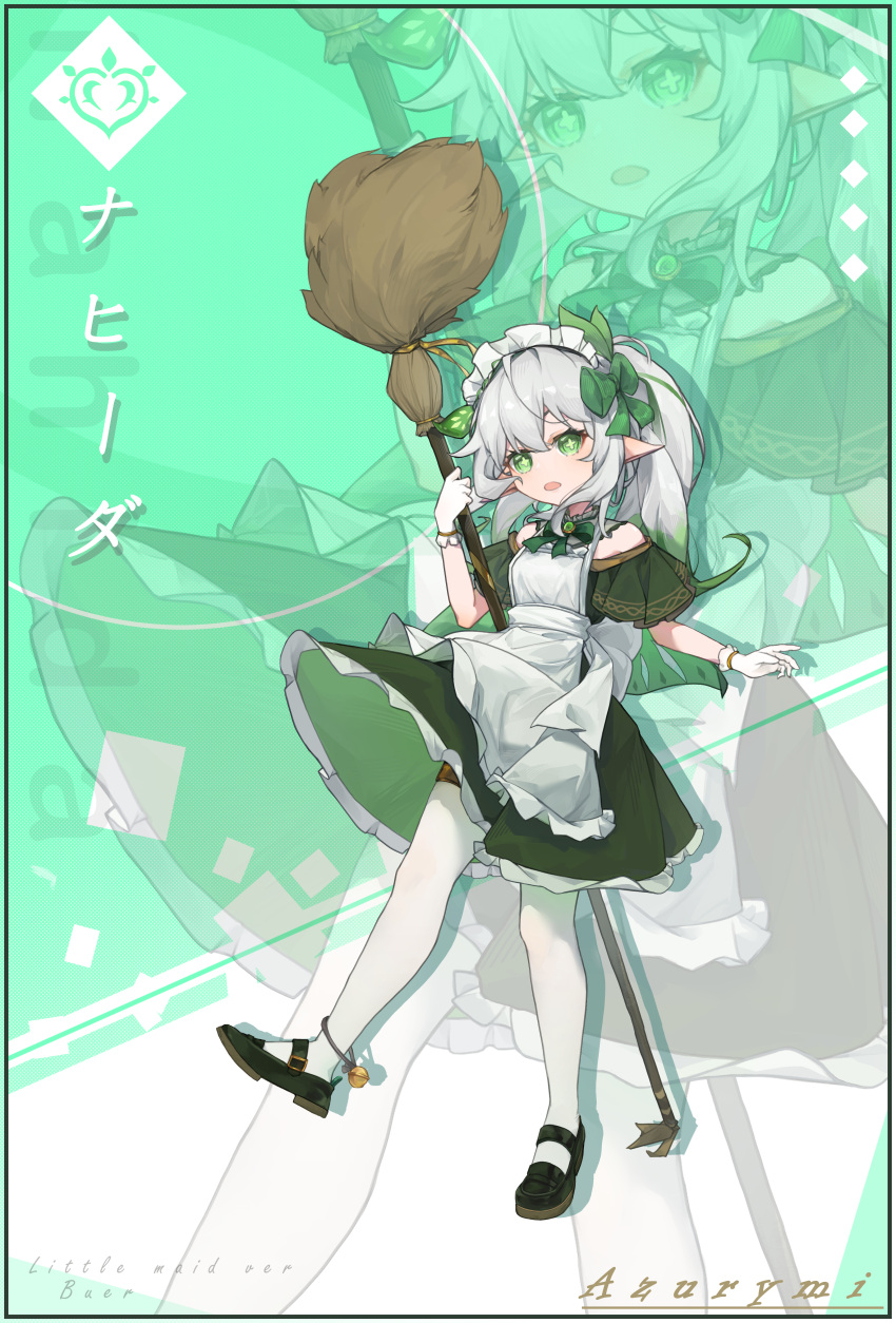 1girl absurdres alternate_costume ankle_bell apron artist_name azurymi back_bow black_footwear bow bowtie braid broom cape child collar detached_collar diamond_(shape) dress floating_clothes floating_hair frilled_collar frilled_dress frilled_gloves frills gem genshin_impact gloves gold_trim green_background green_bow green_bowtie green_cape green_dress green_eyes green_gemstone green_hair green_ribbon hair_between_eyes hair_ornament hair_ribbon highres holding holding_broom leaf_hair_ornament looking_at_viewer maid_apron maid_headdress mary_janes multicolored_hair nahida_(genshin_impact) off_shoulder open_mouth pantyhose pointy_ears ponytail ribbon shoes sidelocks single_braid standing standing_on_one_leg streaked_hair thighlet translation_request two-tone_background two-tone_hair white_background white_bow white_gloves white_hair white_pantyhose zoom_layer