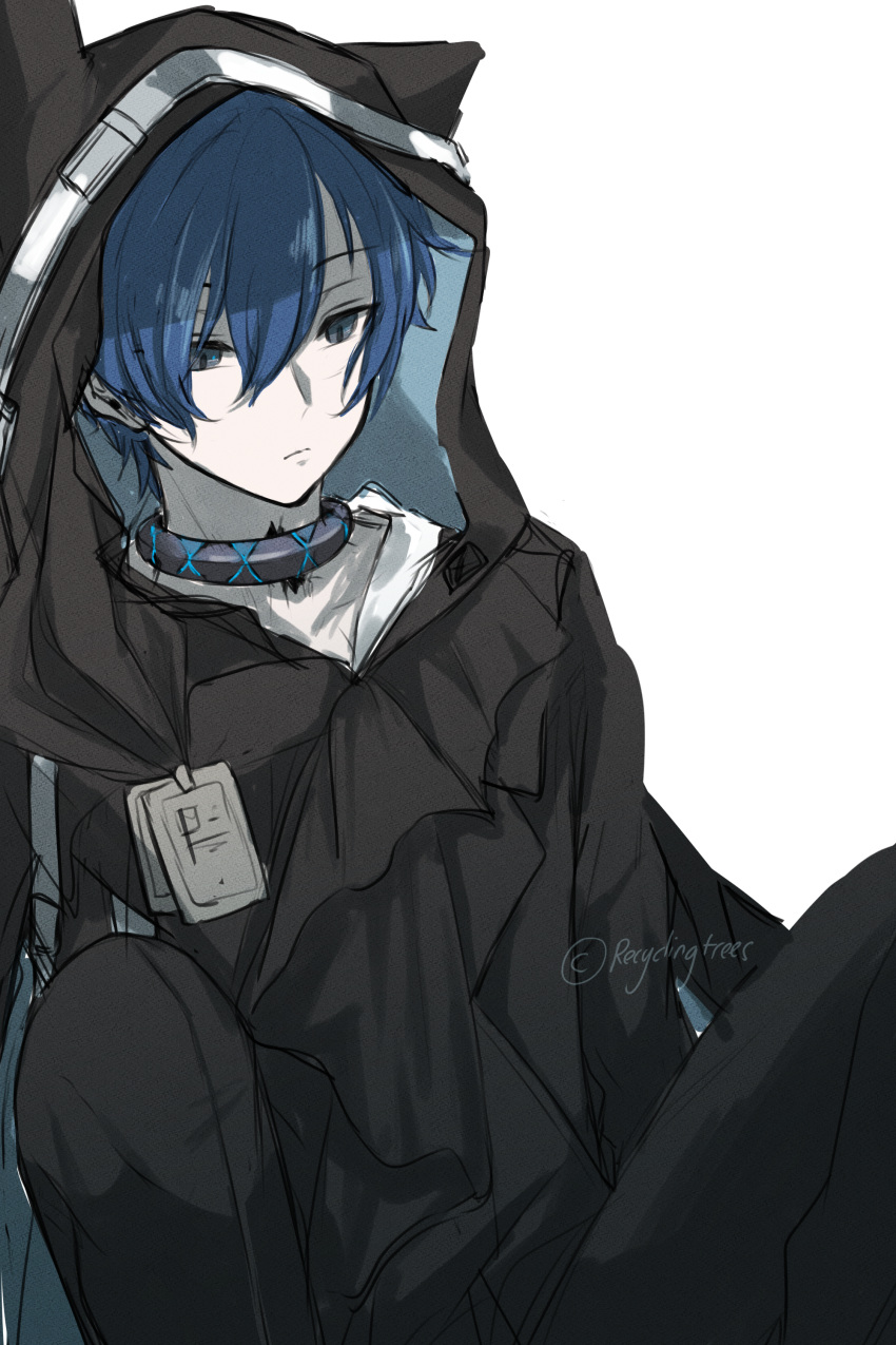 1boy absurdres animal_ears arknights artist_name black_cloak black_collar black_pants blue_hair cat_boy cat_ears cloak closed_mouth collar cosplay empty_eyes expressionless frown grey_eyes hair_between_eyes highres hood hood_up hooded_cloak infection_monitor_(arknights) ishida_akira_(voice_actor) knees_up long_sleeves looking_afar male_focus material_growth oripathy_lesion_(arknights) pale_skin pants persona persona_3 phantom_(arknights) phantom_(arknights)_(cosplay) recyclingtrees shirt short_hair simple_background sitting solo twitter_username voice_actor_connection watermark white_background white_shirt yuuki_makoto_(persona_3)